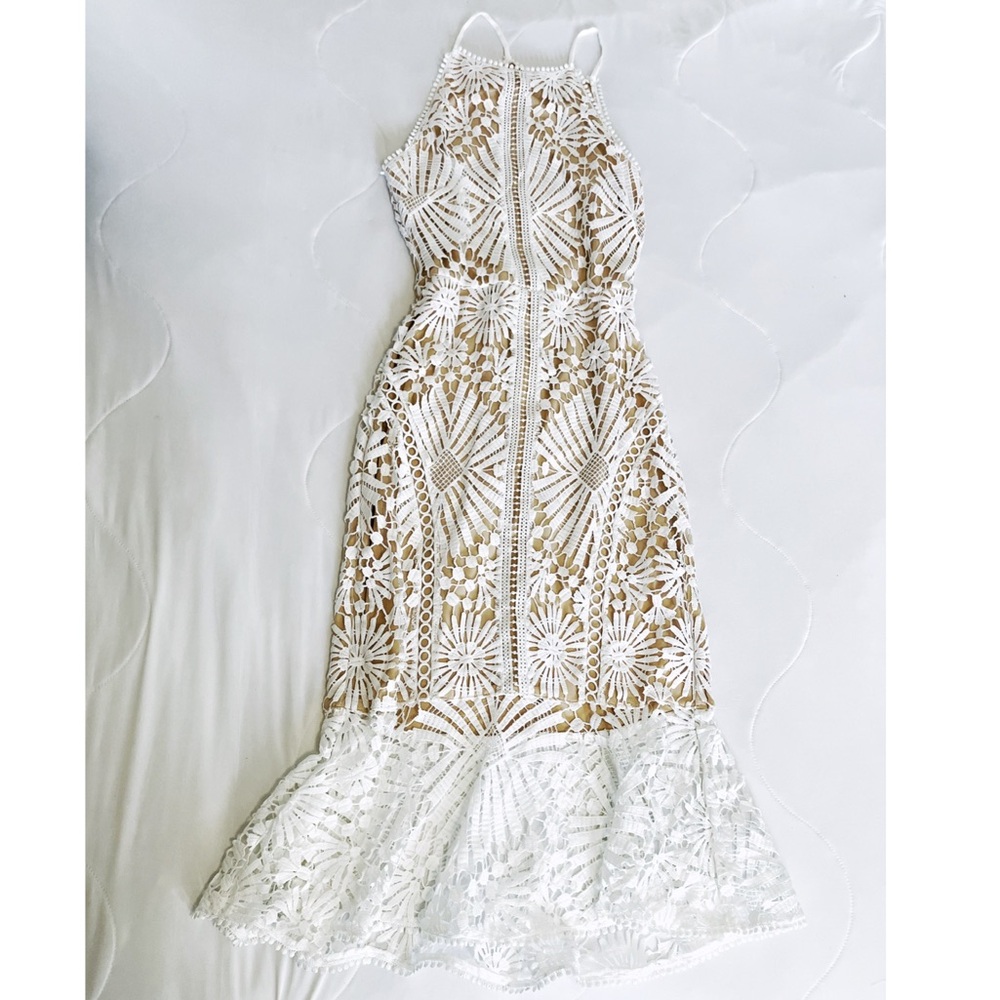 Just Me | Elegant White and Gold Lace Dress